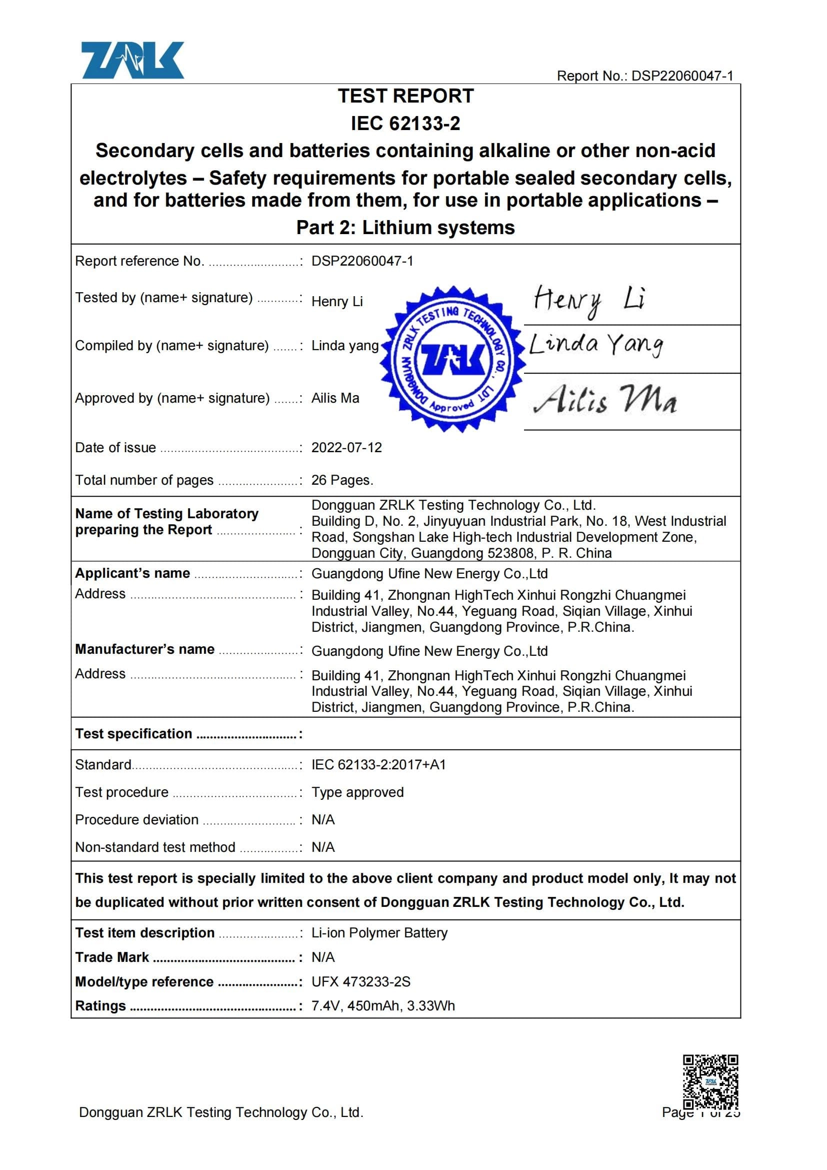 battery certificates