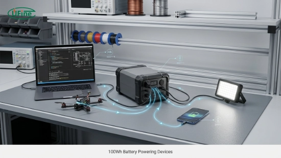 100Wh battery powering laptop drone smartphone and LED light in technical application diagram