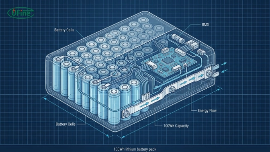 100Wh lithium battery cross-section diagram showing internal cells, BMS, and energy flow in engineering blueprint style