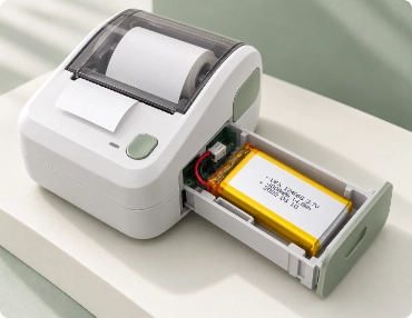 124065 pouch battery beside an open portable instrument showing clearance for its 12mm thickness and wiring