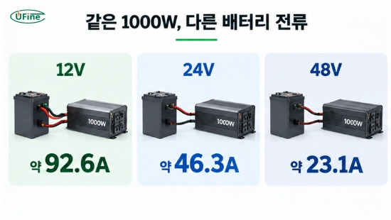 1000W 인버터에서 12V 24V 48V 배터리 전류 차이 비교