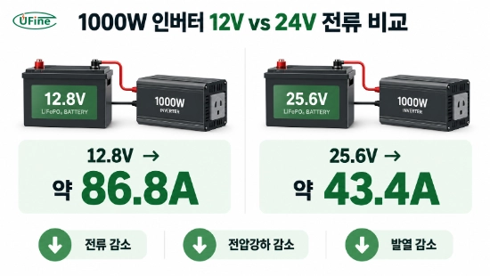 1000W 인버터 사용 시 12.8V와 25.6V 캠핑 배터리의 전류 차이를 비교한 인포그래픽