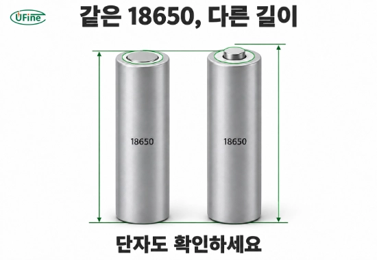 전체 길이와 양극 단자 형태가 다른 두 18650 배터리의 비교