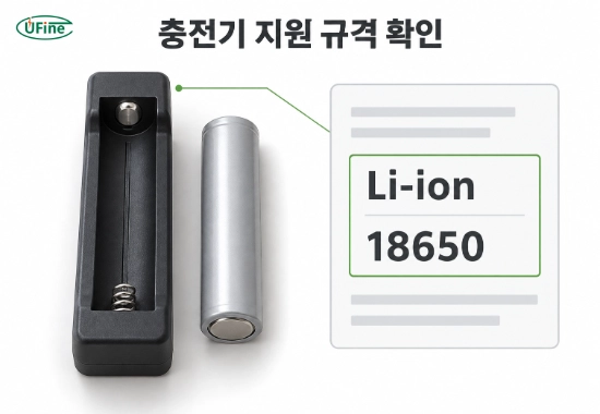 18650 배터리 충전 전 Li-ion 지원 여부와 배터리 규격을 확인하는 개념 이미지