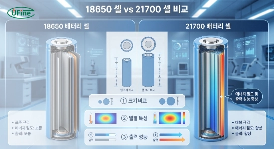 18650 셀과 21700 셀의 크기와 출력 성능 차이를 비교한 이미지