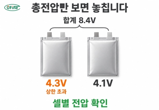 총전압이 8.4V여도 두 셀이 4.3V와 4.1V로 불균형할 수 있는 2S 배터리 예시
