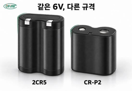 같은 6V 리튬 1차전지인 2CR5와 CR-P2의 서로 다른 외형 비교