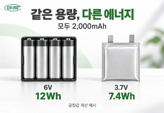 같은 2,000mAh에서 공칭전압 6V는 12Wh, 3.7V는 7.4Wh가 되는 에너지 비교