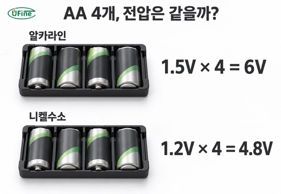 AA 알카라인 전지 4개 직렬의 공칭 6V와 니켈수소 충전지 4개 직렬의 공칭 4.8V 비교