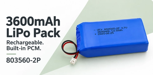 Ufine 803560-2P 3.7V 3600mAh LiPo battery pack with blue wrapping and wire connector