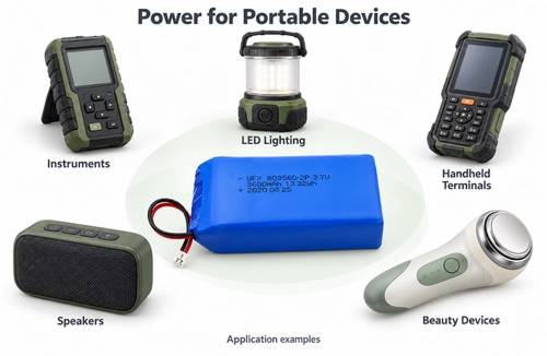 803560-2P LiPo battery pack with portable instrument, handheld terminal, LED light, speaker, and beauty device examples
