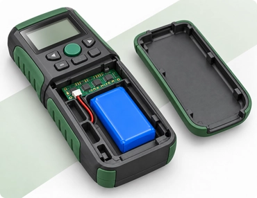 803560-2P battery pack beside an open handheld instrument showing installation clearance and wire space