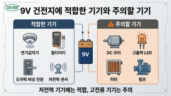 9V 건전지에 적합한 기기와 위험한 고전류 기기 비교