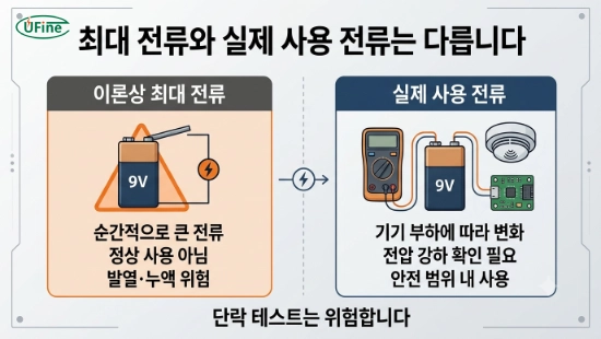 9V 건전지 이론상 최대 전류와 실제 사용 전류 비교