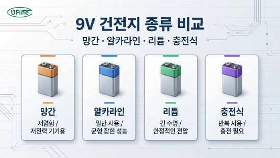 망간 알카라인 리튬 충전식 9V 건전지 종류 비교