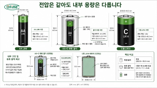 AA LR6와 C형 LR14 건전지 크기와 내부 부피 비교