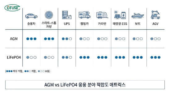 AGM 배터리와 LiFePO4 배터리의 응용 분야별 적합성 비교 매트릭스