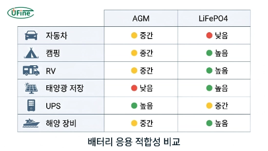 AGM 배터리와 리튬 배터리의 응용 분야별 사용 적합성 비교 표