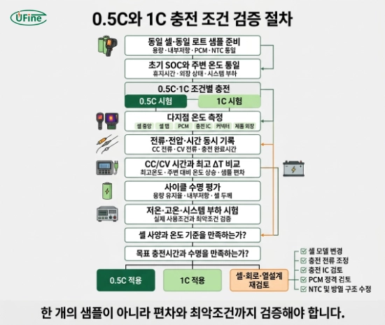 0.5C와 1C 충전의 온도 전류 CC CV 시간과 수명을 비교하는 엔지니어링 시험 절차