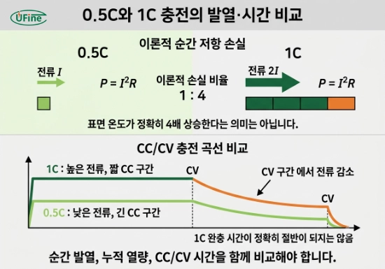 0.5C와 1C 충전의 이론적 저항 발열과 CC CV 충전 시간 비교 그래프
