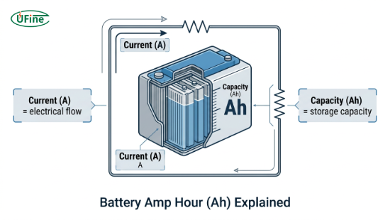 Engineering diagram explaining what amp hour (Ah) means in lithium-ion batteries as electrical capacity and current flow relationship