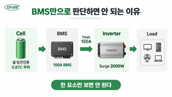 100Ah 배터리에서 셀 방전전류와 BMS 피크전류, 인버터 서지출력 관계를 설명하는 인포그래픽