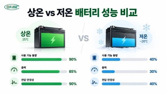 상온과 저온에서 배터리의 사용 가능 용량과 출력 차이를 비교한 엔지니어링 인포그래픽