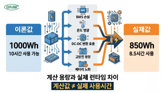 배터리 계산 용량과 실제 사용시간 차이를 설명하는 이미지
