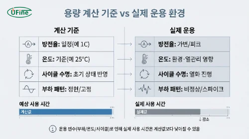 배터리 용량 계산 기준과 실제 운용 환경 차이를 보여주는 기술 다이어그램
