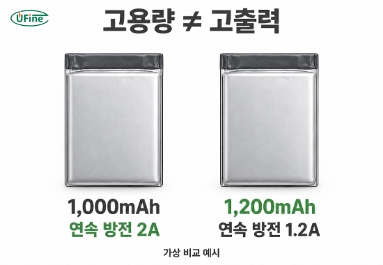 가상 예시에서 1000mAh 배터리의 연속 방전 전류 2A와 1200mAh 배터리의 1.2A를 비교한 그림