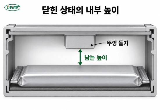닫힌 케이스의 단면에서 뚜껑 돌기와 배터리 위쪽 여유 공간을 보여주는 개념도