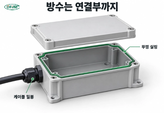 배터리 케이스의 뚜껑 실링과 케이블 인입부 밀봉 구조를 보여주는 분해도