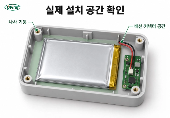 나사 기둥과 커넥터 공간을 고려한 파우치형 배터리의 케이스 내부 배치
