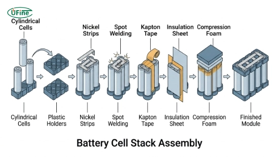 Battery cell stack assembly process with cell holders nickel strips insulation and compression pads