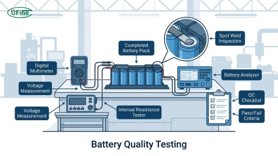 Battery cell stack quality testing with voltage measurement internal resistance testing and weld inspection