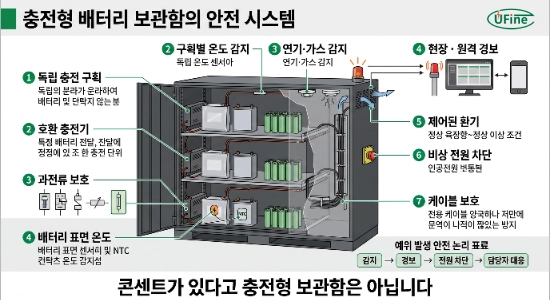 온도 감지 경보 전원 차단 기능을 갖춘 배터리 충전 보관함 구조