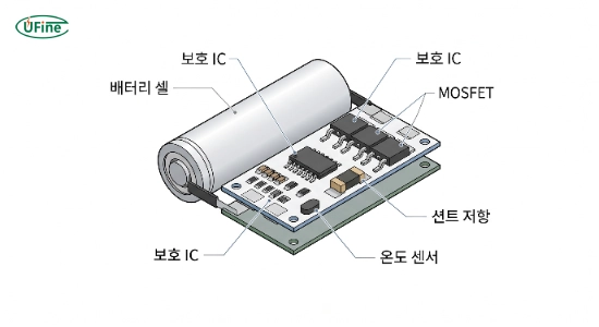 배터리 보호 회로의 주요 구성 요소인 보호 IC와 MOSFET 구조