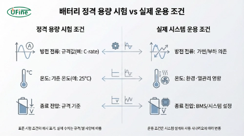 배터리 정격 용량 시험 조건과 실제 시스템 운용 조건 비교