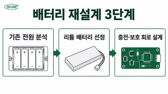 망간 건전지 제품을 리튬 배터리 시스템으로 바꾸는 3단계 재설계 프로세스를 보여주는 다이어그램