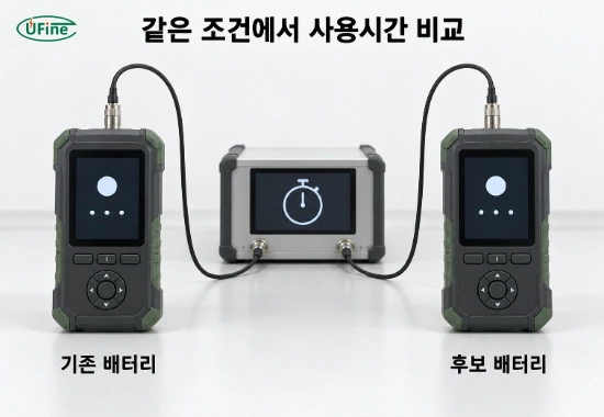 동일한 기기와 시험 조건에서 기존 배터리와 후보 배터리의 사용시간을 비교하는 시험 구성