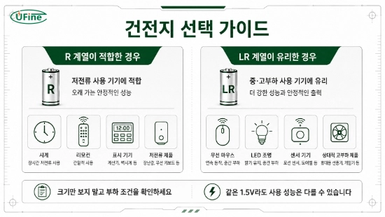 R계열과 LR계열 건전지의 적합한 사용 환경을 비교한 선택 가이드 이미지