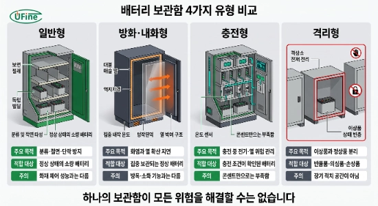 일반형 방화 내화형 충전형 격리형 배터리 보관함 기능 비교
