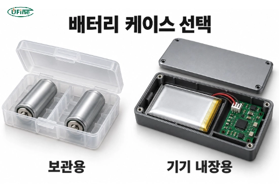 전기 접점이 없는 전지 보관용 케이스와 금속 접점·전선이 있는 배터리 홀더 비교