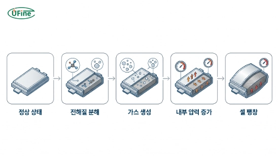 배터리 스웰링 발생 과정과 내부 가스 생성 단계를 설명하는 인포그래픽