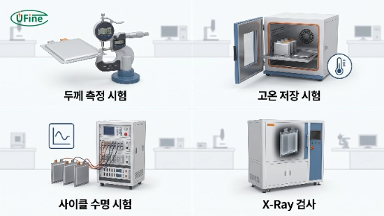 배터리 스웰링 시험 방법과 품질 검증 절차를 보여주는 기술 다이어그램