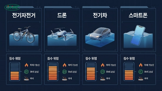 전기자전거 드론 전기차 배터리의 침수 위험도를 비교한 인포그래픽