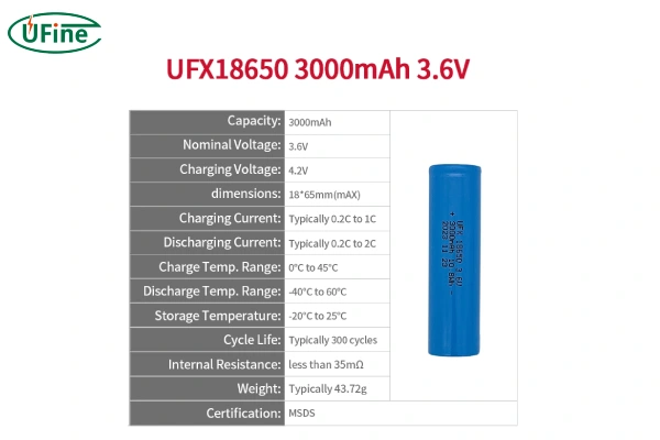3.6 v 3000mah 18650 battery