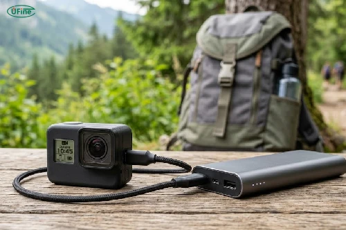 Action camera connected to a portable power bank