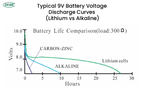 typical 9v battery voltage discharge curves lithium vs alkaline