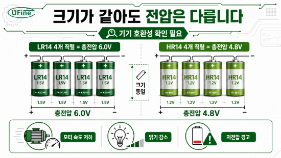 C형 건전지 LR14 1.5V와 HR14 1.2V 직렬 전압 비교